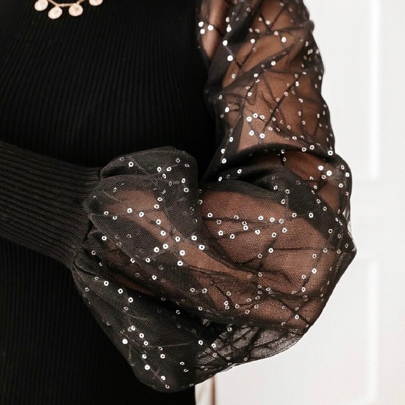 ✨SEQUIN MESH SLEEVES BLACK MOCK NECK KNIT TOP-NEW - Picture 5 of 10